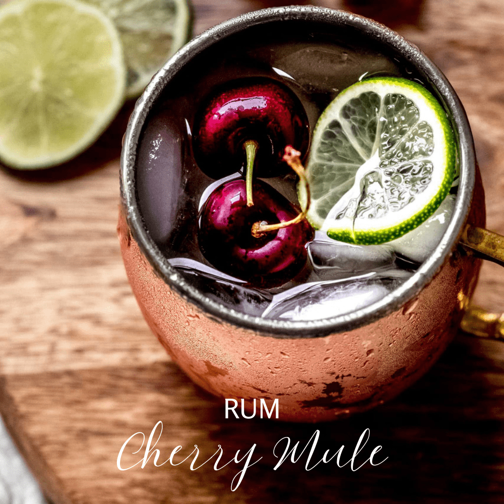 Cherry Mule, a rum-based cocktail using Cherry Bounce cocktail infusion kit